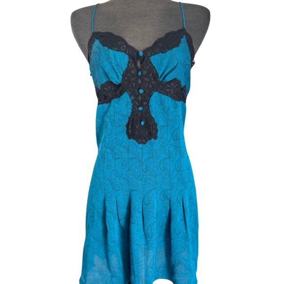 Victoria's Secret Gold Label Teal Paisley Black Lace Slip Chemise Medium Vintage - Picture 2 of 6